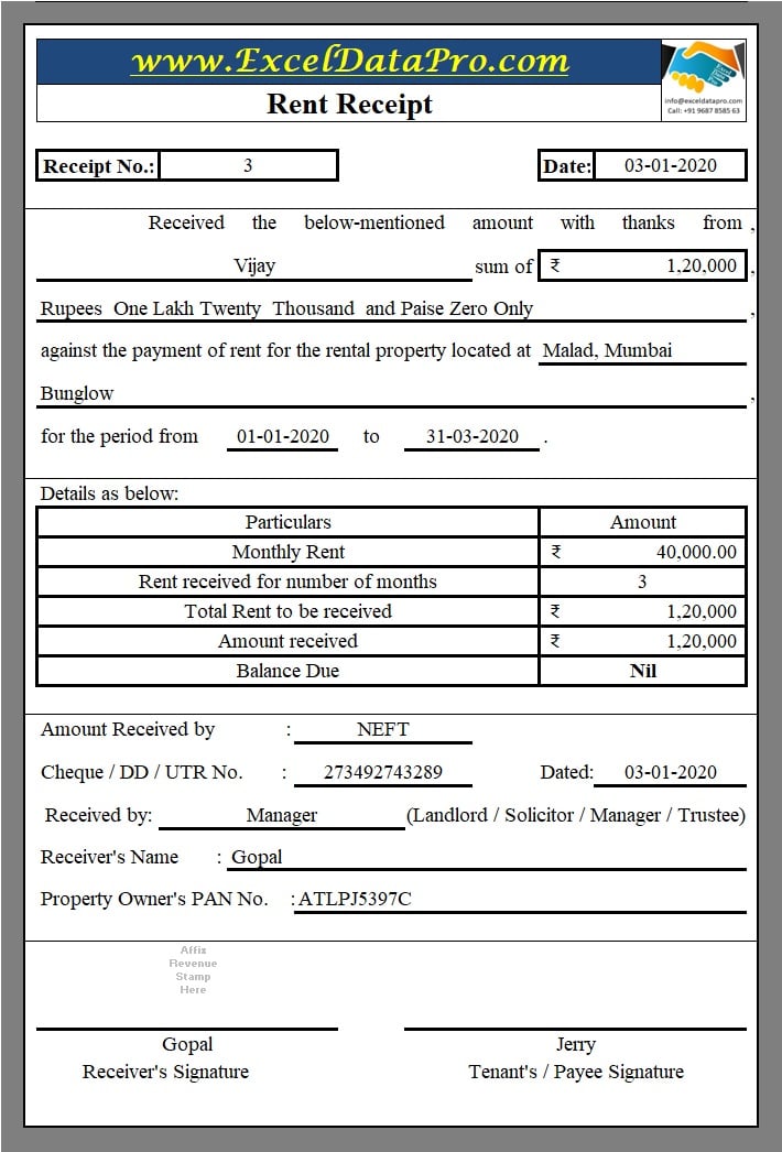 Download Rent Receipt Excel Template Exceldatapro