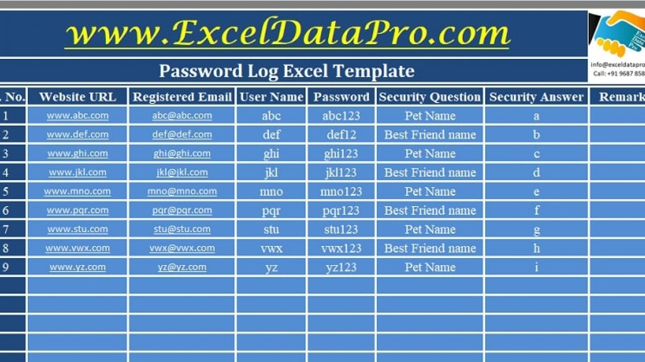 Password Log Template from exceldatapro.com
