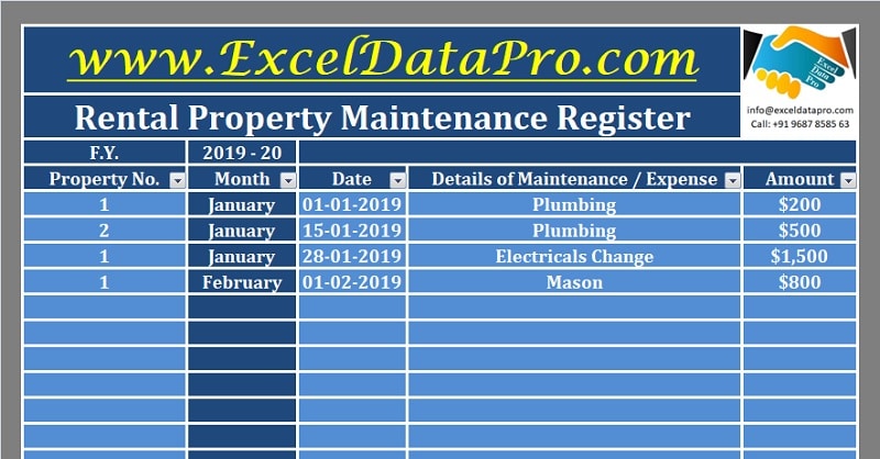 Download Rental Property Maintenance Register Excel Template