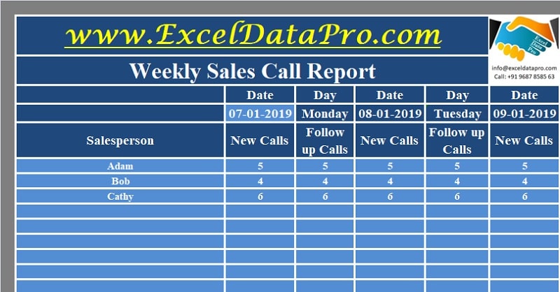 Sales Calls Report Template from exceldatapro.com