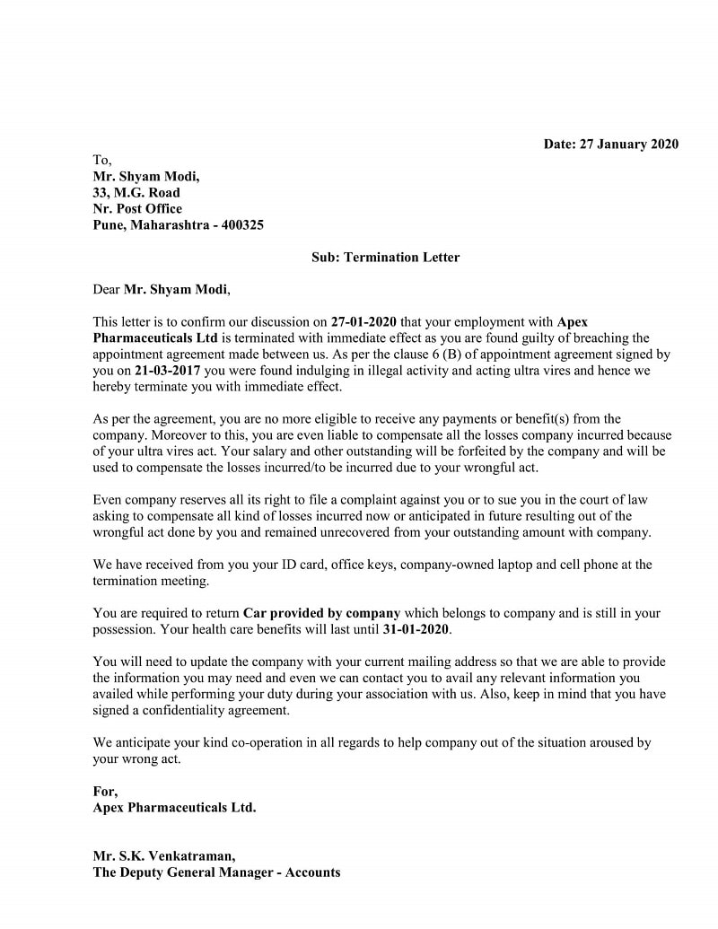 Termination Letter Due to Breach of Agreement