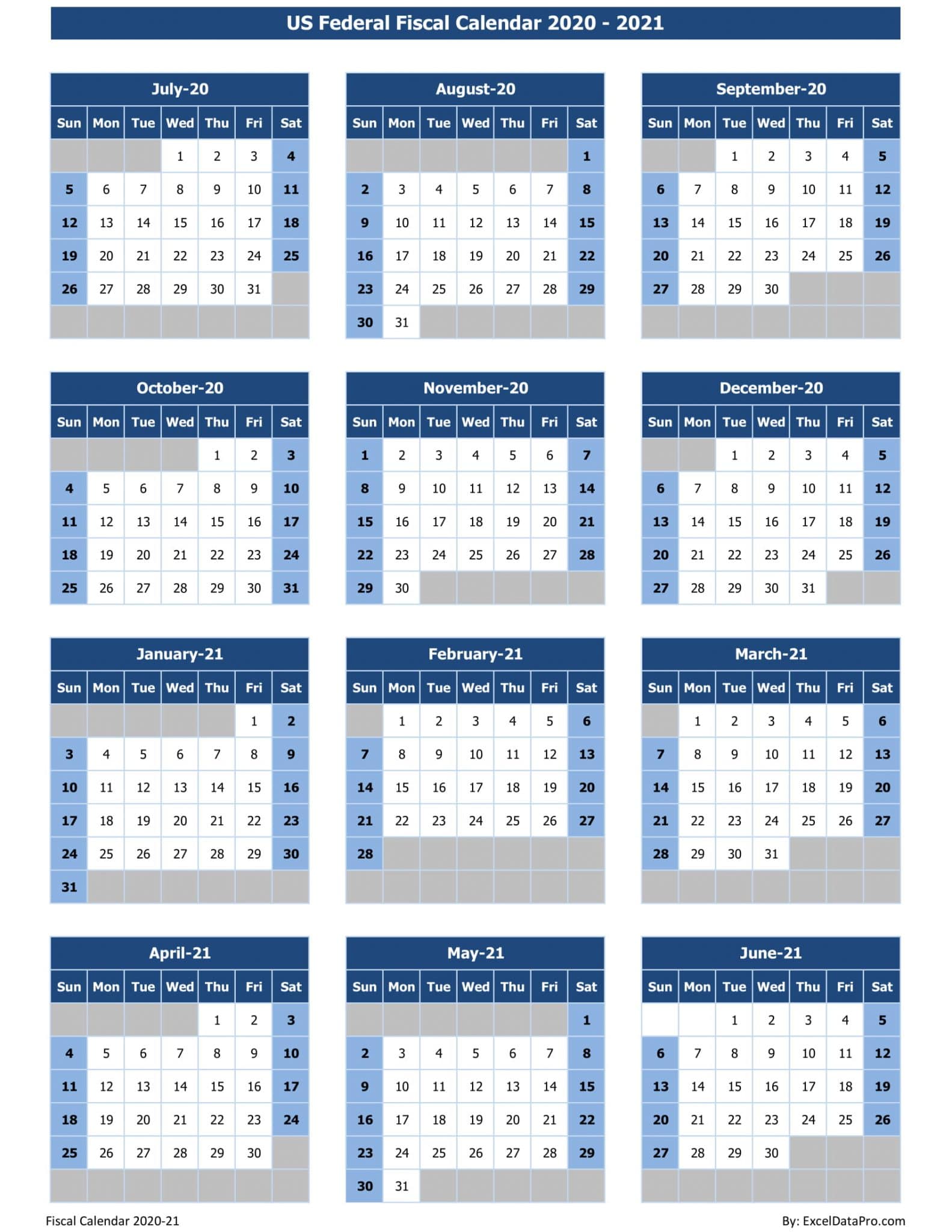 Download US Federal Fiscal Calendar 2020-21 Excel Template - ExcelDataPro