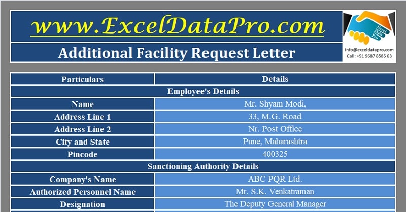 Download Additional Facility Request Letter Excel Template