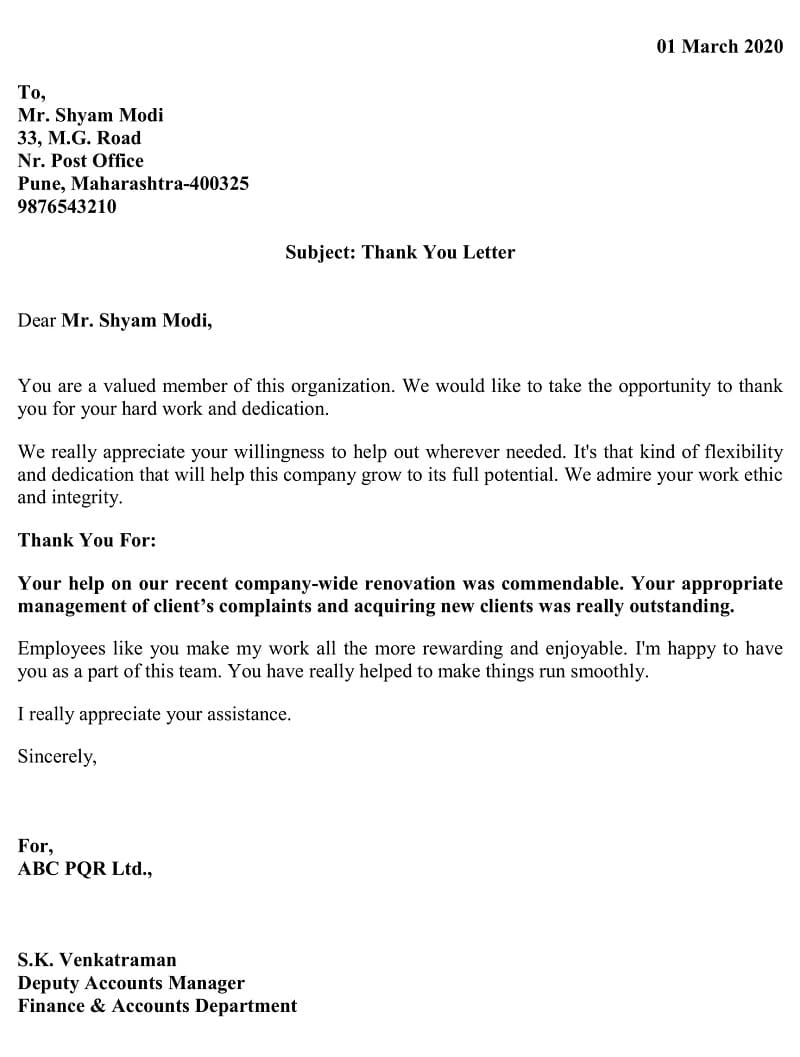 Employee Thank You Letter - Handling customer during renovation