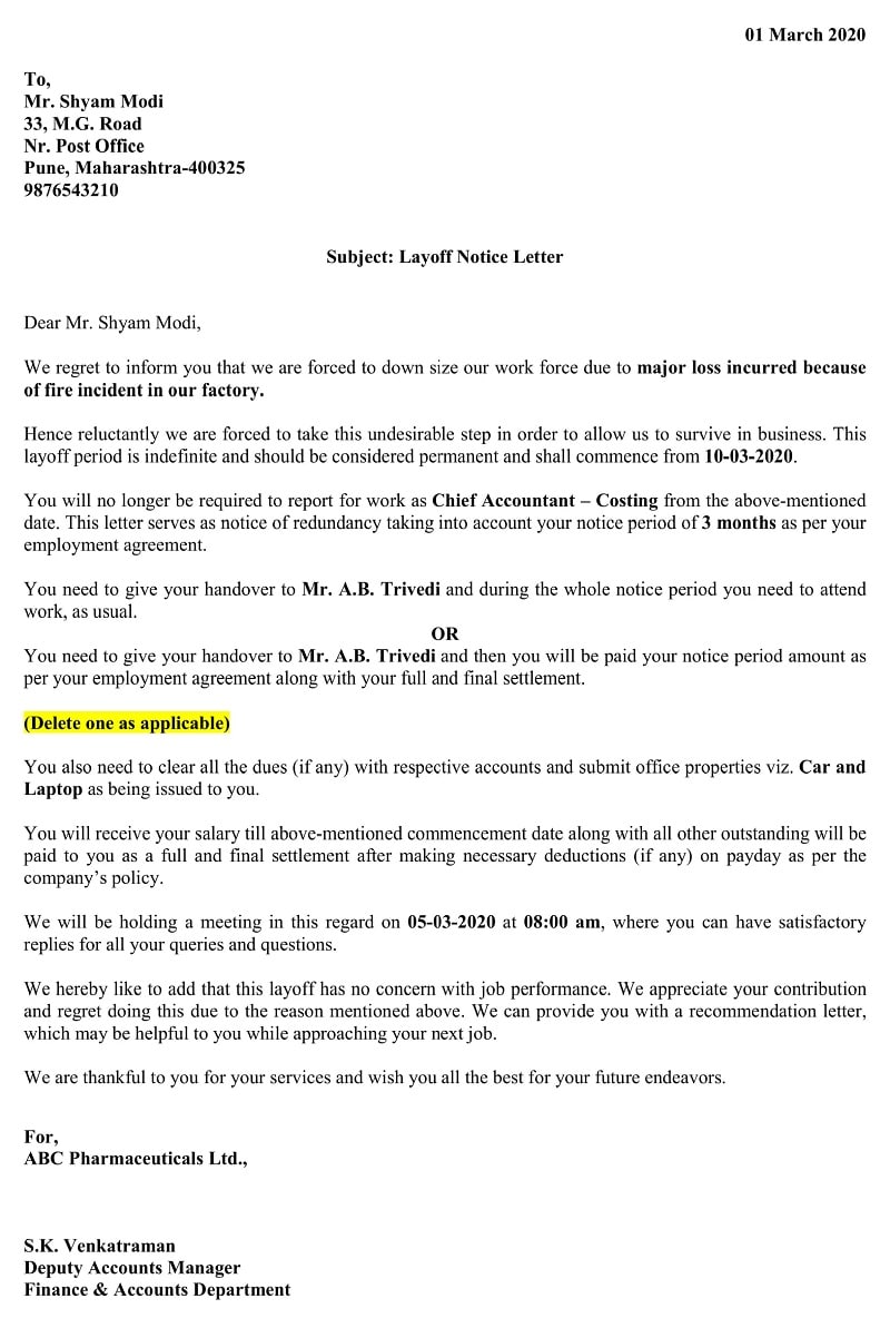 Permanent Layoff Notice Letter - Major Loss