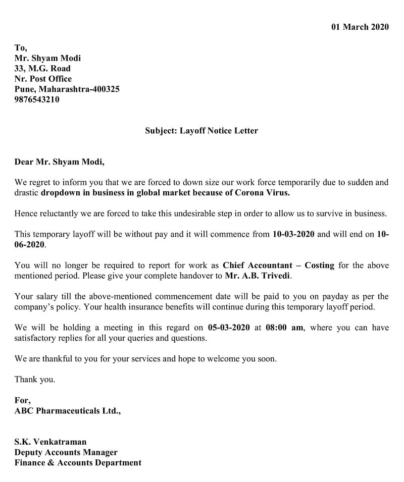 Temporary Layoff Notice Letter - Due To Pandemic