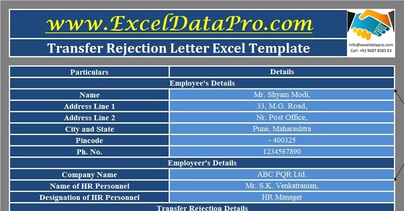 Download Transfer Rejection Letter Excel Template