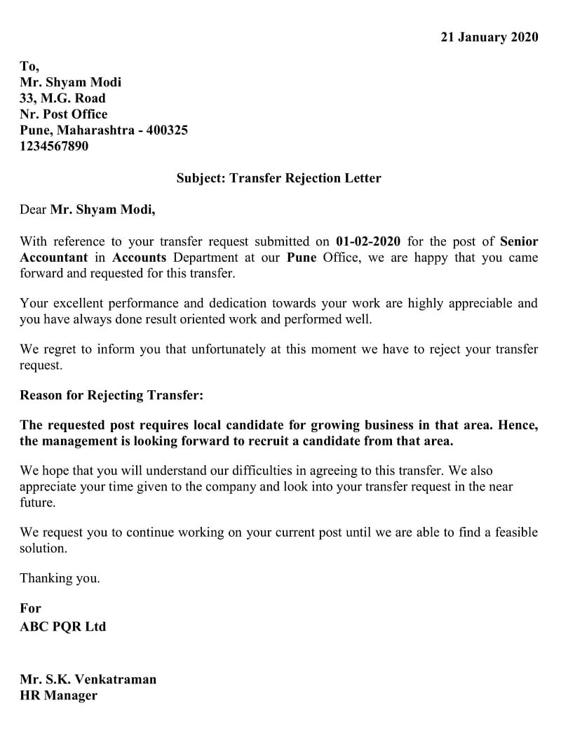 Transfer Rejection Letter - Local Candidate Preferred