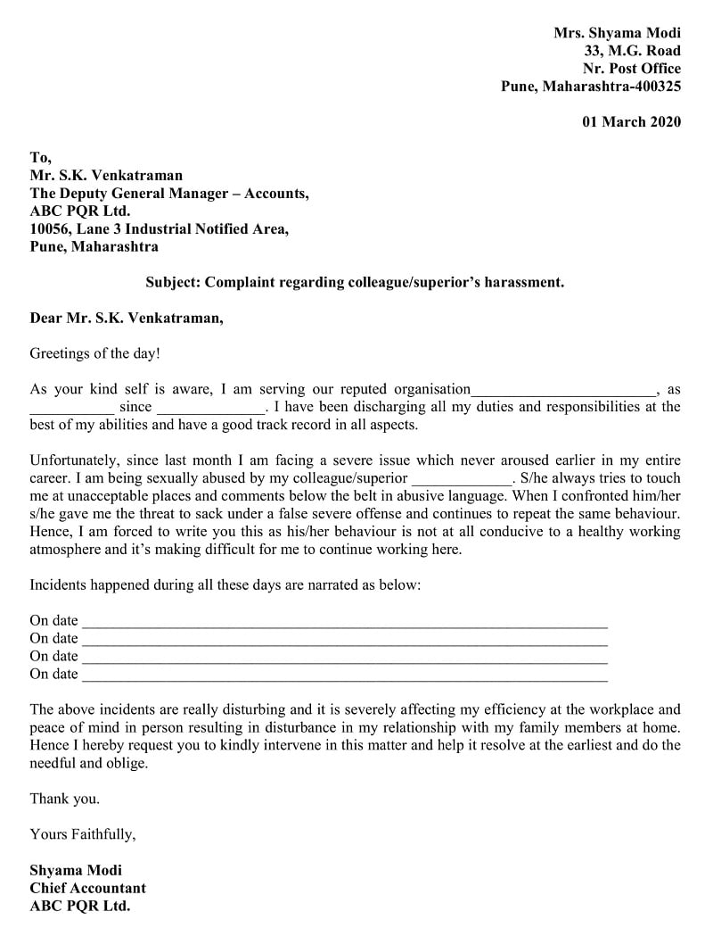 Workplace Harassment Complaint Letter - Sexual Harassment